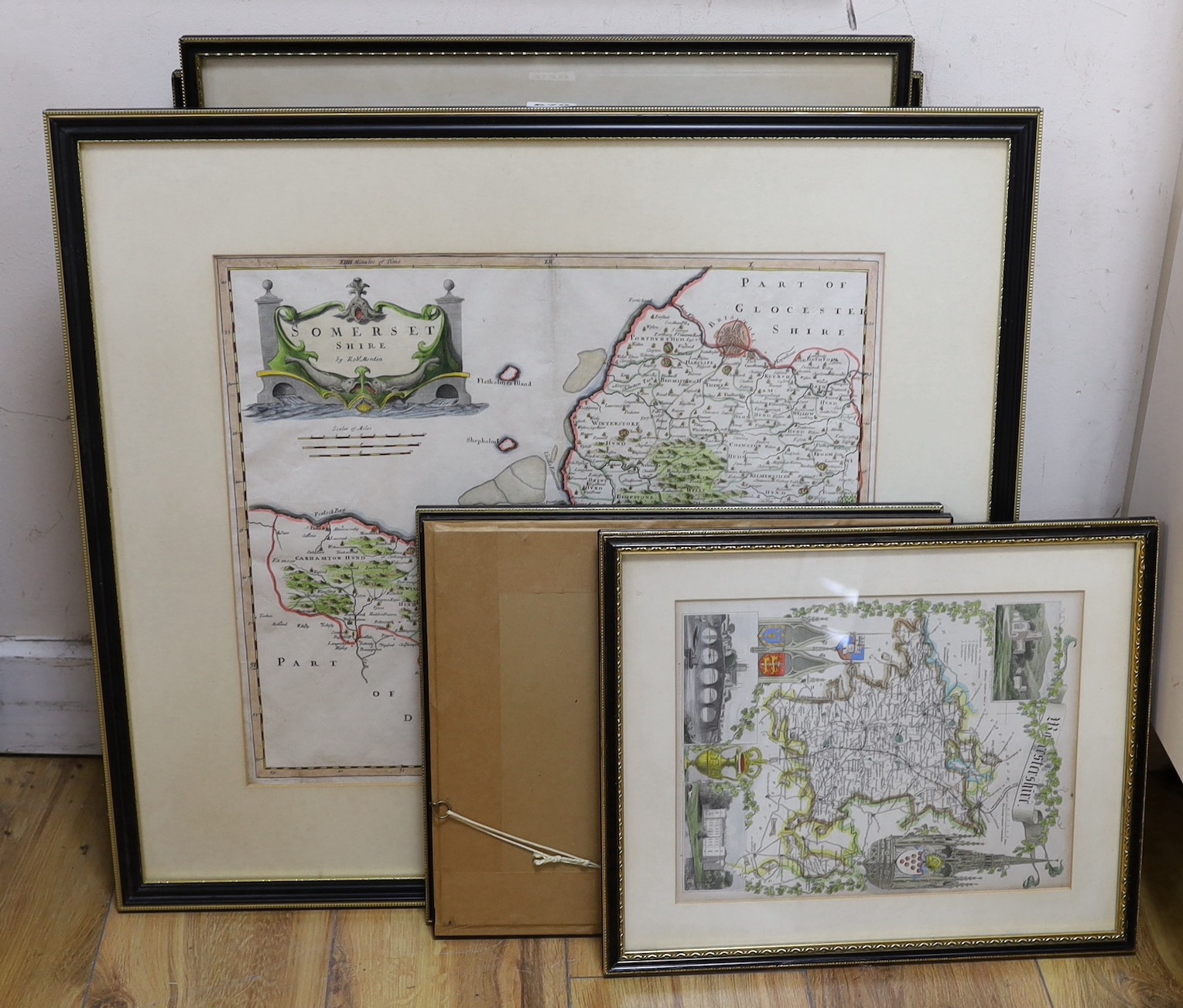 Robert Morden, coloured engraving, Map of Somerset Shire, further Morden maps of Cumberland, Gloucestershire, Scotland and Westmorland, a Bowen map of Essex, a Saxton & Hole map of Universi Derbiensis and three later ste